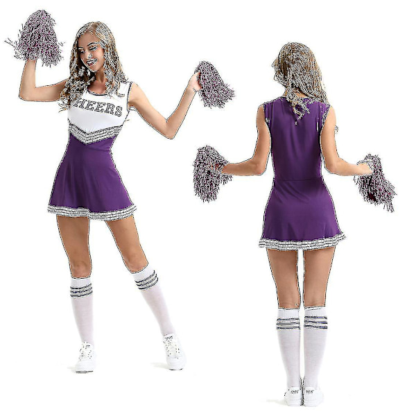 Cheerleading uniformer til kvinder Voksen cheerleader outfit med pom poms til påklædning Fest Sportsspil Purple Xs