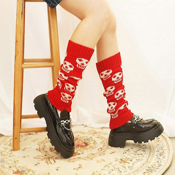 Vinter Høst Strikk Benvarmere Sokker Skull Jacquard Fottrekk For Dame Jenter Red
