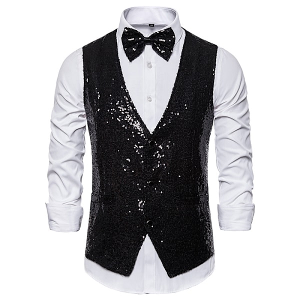 Herrar Glittrande Sekvensväst V-ringad Regular Fit Festklänning Kostym Väst Fluga 2 Delar black black XL