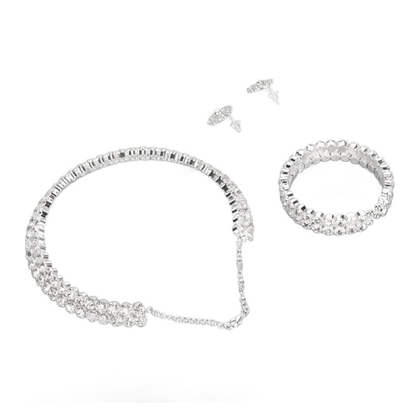 Brudmode Elegant Strass Halsband Armband Örhängen Smyckesset Lämplig for Bröllopsbal Förlovning Silver