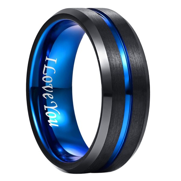8mm Tungsten Carbide Ring Blå+svart Tungsten Steel Ring Fasad kant Bröllopsband Gravering I Love You 14.5