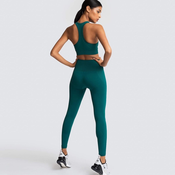 Sömlös stickad yoga bär womens sport bh väst leggings sæt Dark green M