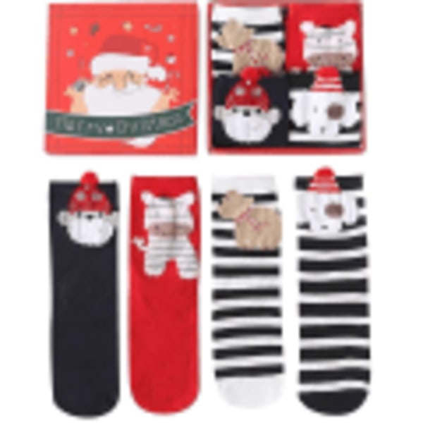 Kvinnors jul 4-par med presentförpackning Mode jul tecknad söta strumpor Presentförpackning Mid Tube Socks