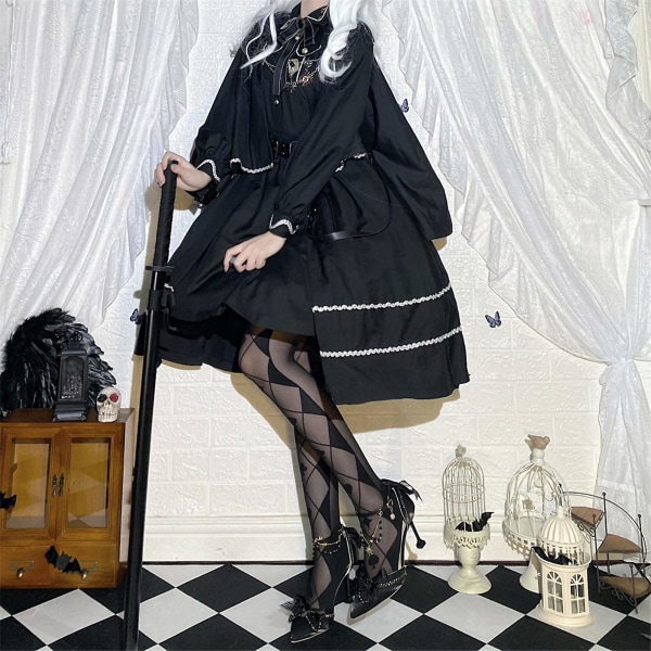 Kvinnor Lolita Gothic Lår Höga genomskinliga strumpor japansk stil Anime Poker For Cross Diamond Pläd Jacquard Mönstrad Cosplay över knä långa strumpor Black