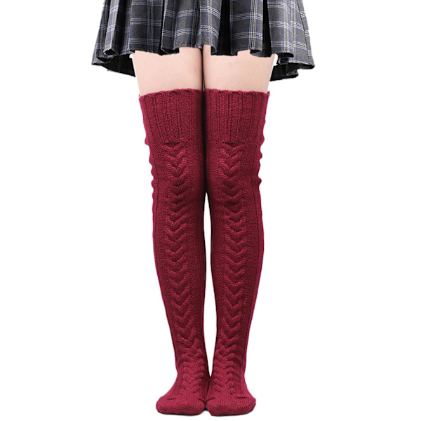 Mode Varma Vinter Stickade Strumpor Kvinnor Över Knä Lång Lår Hög Boot Mjuka strumpor Wine red 85cm