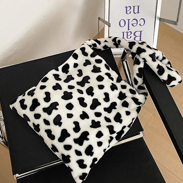 Cow Print Skuldertasker Plys Satchel Casual Crossbody Tasker Retro Tote Håndtaske Black and White