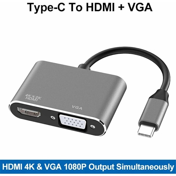 USB C til HDMI VGA adapter, 2 i 1 type C til HDMI 4K, VGA 1080P kompatibel med MacBook Pro/Air 2020 2019, iPad Pro, Surface, grå