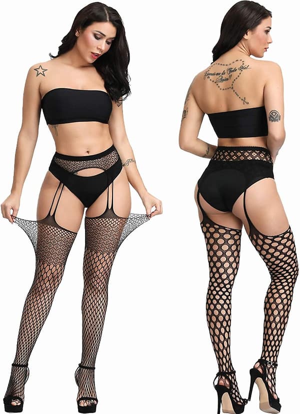Plus Size netstrømper, sorte netstrømpebukser Lår høje strømper Suspender Strømpebukser 4 stk.