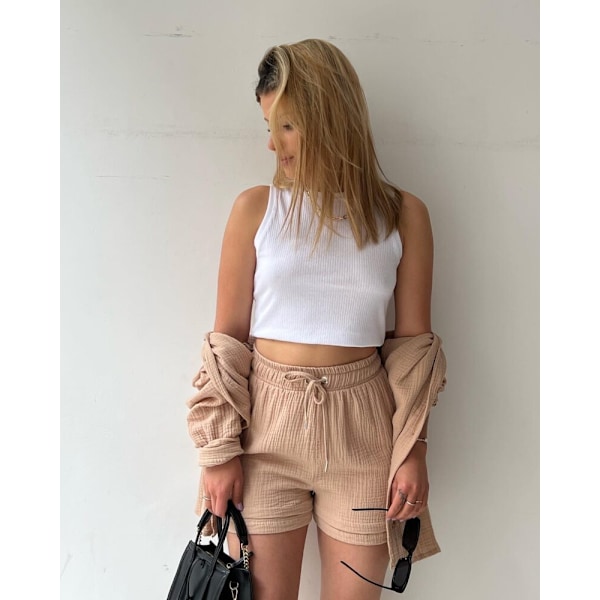Skrynklig krage för kvinnor, långärmad skjorta, shorts med dragsko med hög midja, moderiktigt casual set i två delar khaki M khaki m