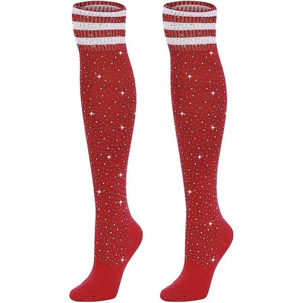 Kvinnors strass över knähöga strumpor Randstickade strumpor Benvärmare till jul alla hjärtans dag-evenemang Red