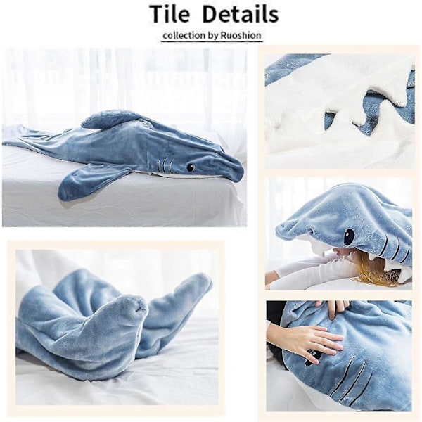 Hain muotoinen peitto aikuisille ja lapsille - Kannettava hupparipeitto, sarjakuvaeläin one piece -peitto, söpö hauska sininen hain flanellihuppari tyttöjen makuun 91in-3xl