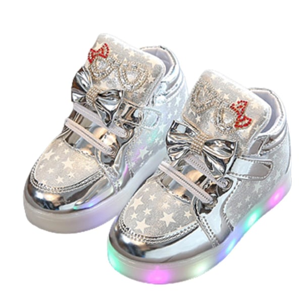 Lysende sko Blinkende åndbare sneakers Lysende fritidssko til børn Sølv Silver 28