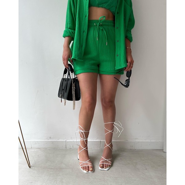 Skrynklig krage för kvinnor, långärmad skjorta, shorts med dragsko med hög midja, moderiktigt casual set i två delar green M green m