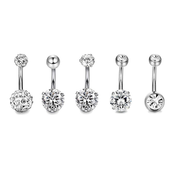 5 STK/ Set Rostfritt stål Kristall Navel Ringar Bar P Silver