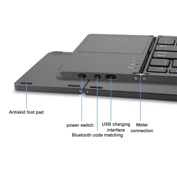 Tri-Fold Bluetooth-tastatur, Bluetooth bærbar minitastatur med styreflate mus-svart