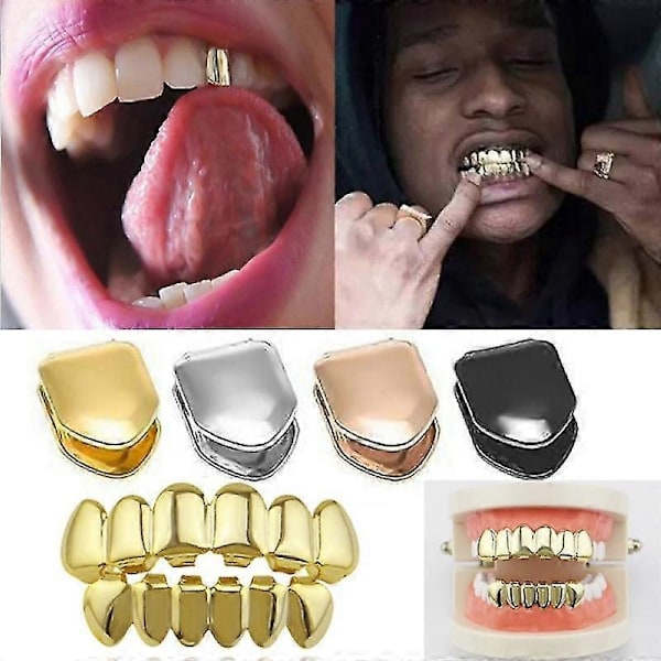 2 st Varma Guldpläterade Hip Hop Enkel Tandkåpa Topp Botten Grill Guldpläterade Tänder Kåpa Cosplay Män Hip Hop Huggtänder Black
