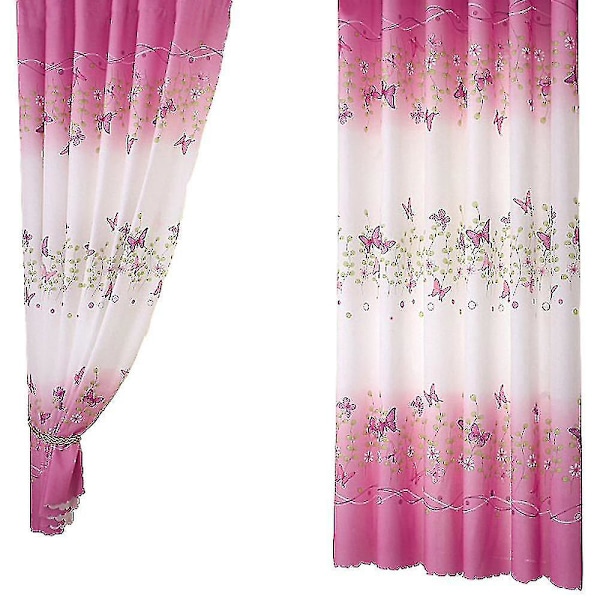 Sommerfuglblomstrete gardiner for jenterom, halvtransparente gardiner med kroker for jenterom, barnerom, soverom, stue, 99 x 198 cm