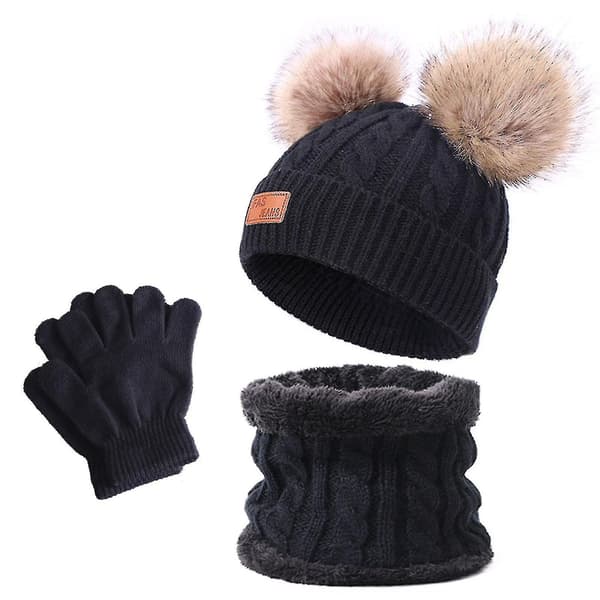 3st Vinter Barnmössa Halsduk Och Handskar Tjock Pompom Fleece Foder Stickad Thermal Set För Barn Semester
