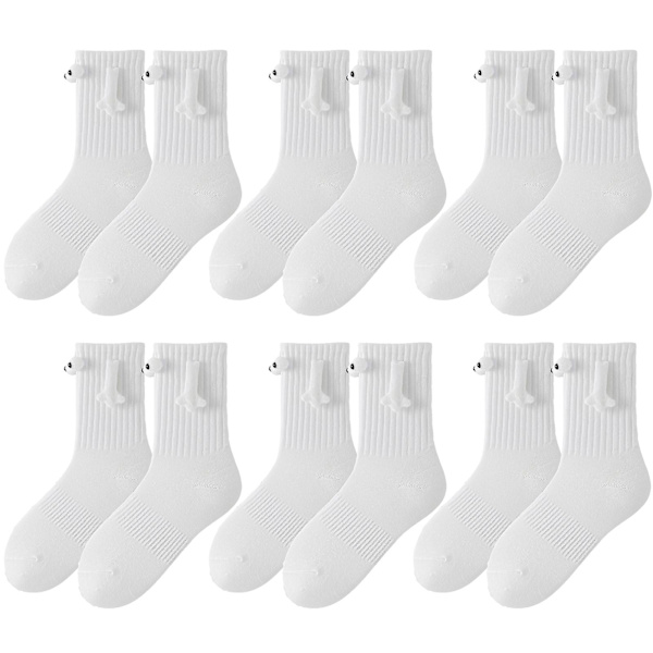 Sammenkædning af parstrømper Magnetisk sug Sjove store øjne Parstrømper Par holder i hånd Sjove sokker Mid-tube Søde sokker Sjove gaver til kvinder Mænd White 6pcs