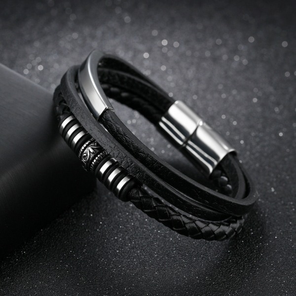 Mens Äkta läderarmband Armband Rostfritt Stållås Smycken Gift Black