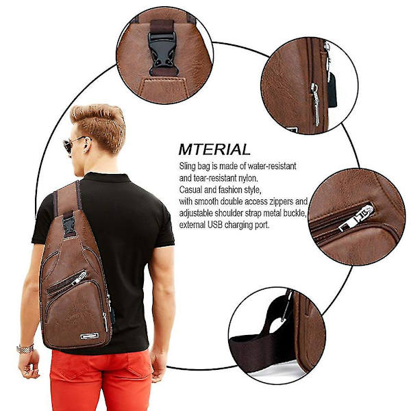 Diagonal mænds taske Usb Charging Pu brysttaske Simpel mænds Casual Trend skuldertaske brown