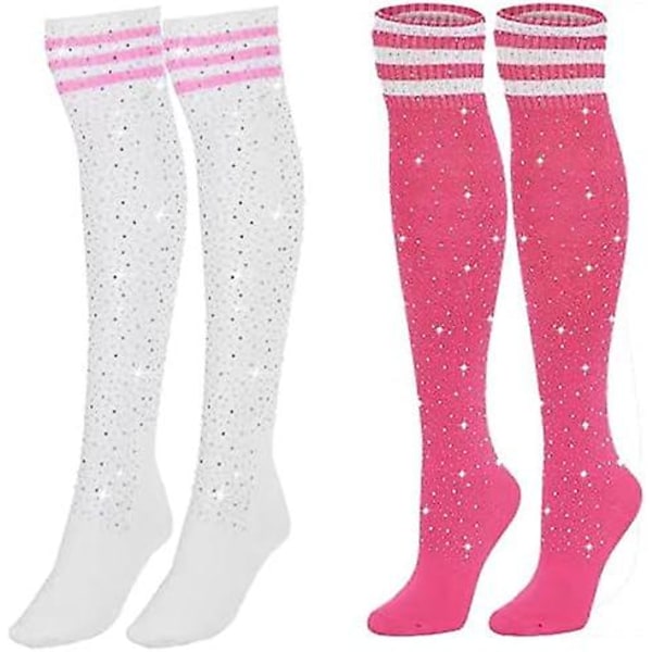 Kvinnes rhinestone over knehøye sokker Stripe strikkestrømper Benvarmere til jul Valentinsdagsarrangementer White Pink