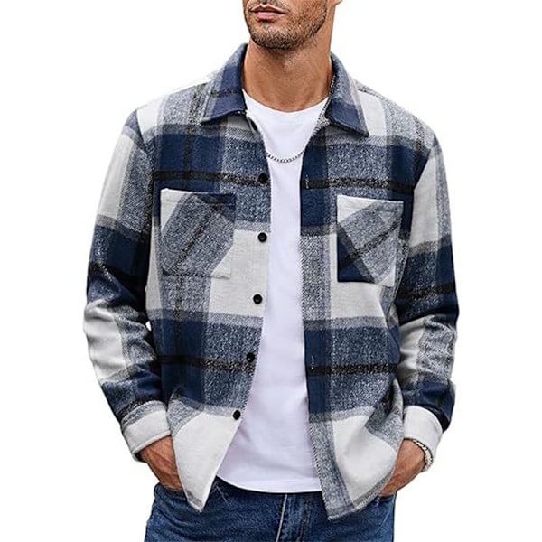 Herre Flanellskjorte Casual Knap-Ned Rutet Skjorte Jakke Blå Blue M