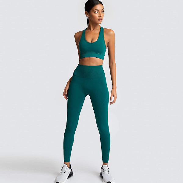 Sømløs strikket yoga bære kvinners sports-BH vest leggings sett Mørkegrønn Dark green M