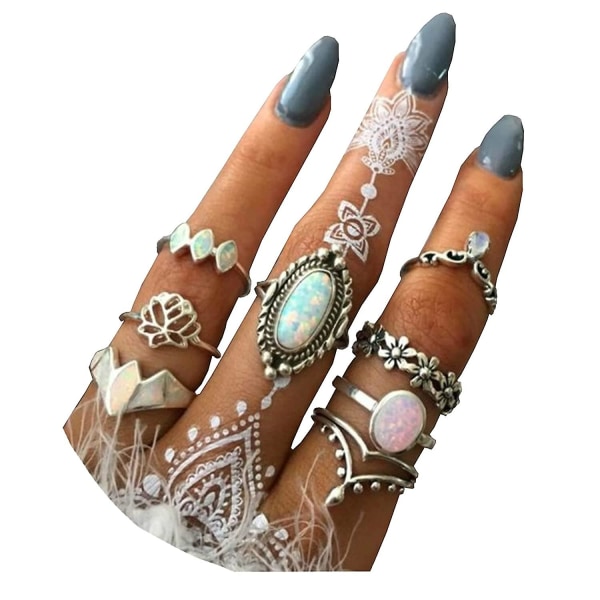 Kvinnor 8 st Boho Gem Stone Ring Set Girl Bohemian Knuckle Flower Vintage Silver Crystal Joint Knuckle Ring Set för kvinnor och flickor (1)