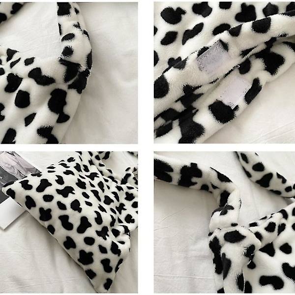 Cow Print Skuldertasker Plys Satchel Casual Crossbody Tasker Retro Tote Håndtaske Black and White