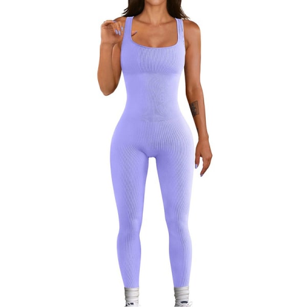 Yoga träningsset 2 delar gym outfits Ribbad sömlös beskärning Purple S