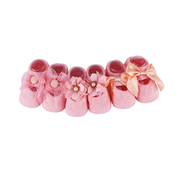 3 par set Bomull Anti-halk Spets Blomma Rosett Golvstrumpor För Baby Toddler Rosa M (1-3 år)