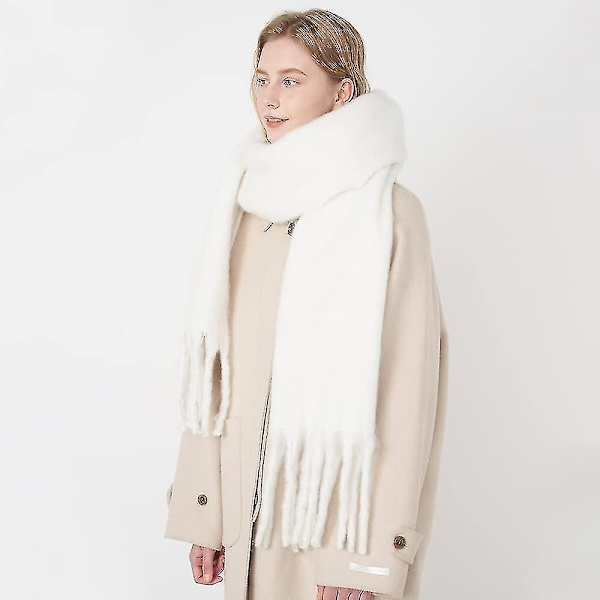 Stort tykt skjerf Fargerikt Cashmere Feel Oversized skjerf Teppe Mykt Stort ullsjal Tykt Vinter Varme Kvinner White