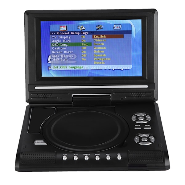 Bærbar DVD-afspiller med 7-tommers drejelig skærm, genopladeligt batteri, TV, Billader, Gamepad - US-stik 100-240V 0.1