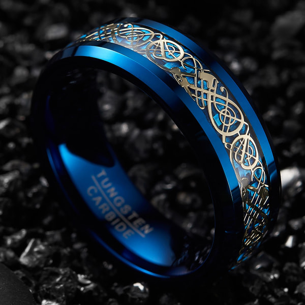 8mm Blå Tungsten Carbide Ring Celtic Dragon Blue Carbon Fiber Wedding Band 9.5
