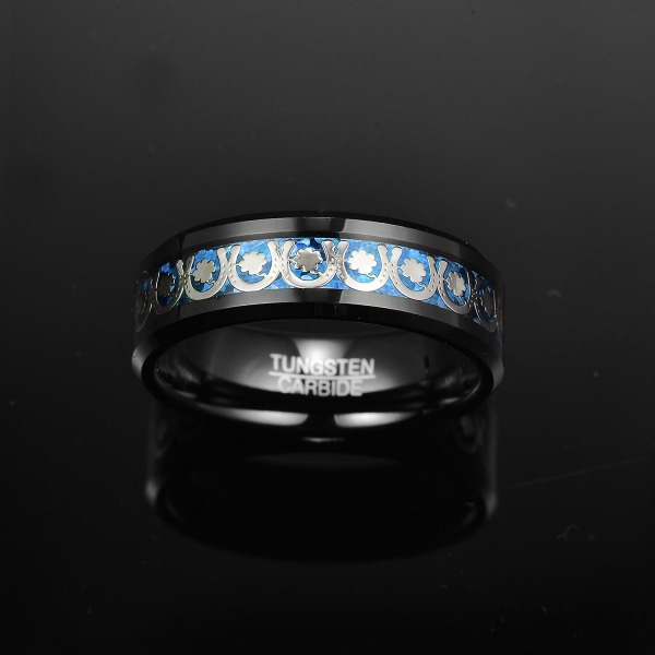 Horseshoe Clover Mønster Blå Opal Papir Elektrisk Sort Tungsten Carbide Ring Mode Bryllupssmykker 10