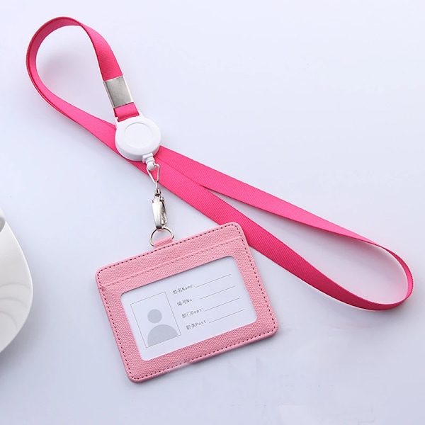 Infällbara nyckelband ID-bricka Hållare Läder Bank Bus Pass Case Cover Män Dam Bank Kreditkortshållare Rem Korthållare pink(.1498)