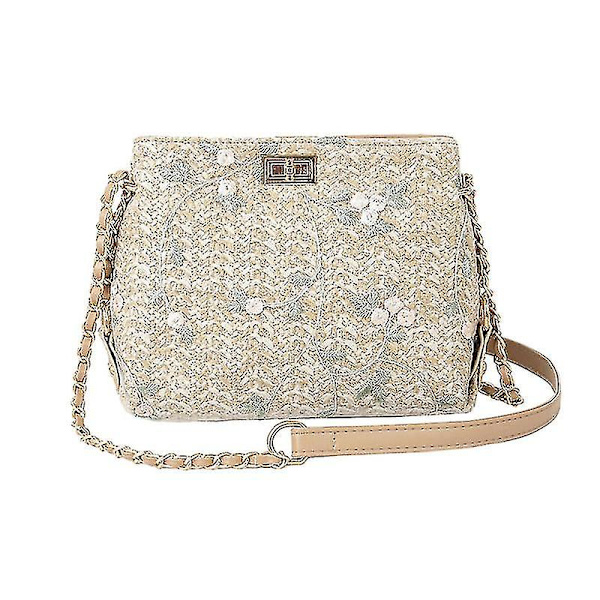 Khaki Straw Weaving Axelväska Sommar Crossbody Bag Multifunktion Strandväska Fashionabla spetsblommiga påse för damflickor