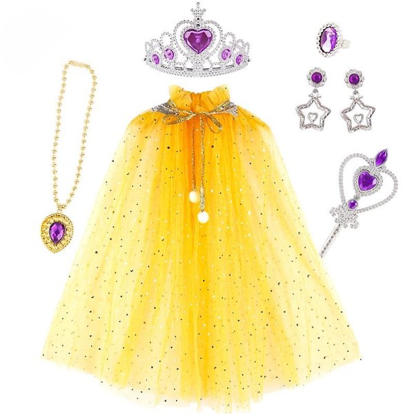 7st Princess Cape Set Girls Princess Party Cosplay Kappa Med Tiara Crown Wand För Små Flickor Klä Upp Låtsas Lek yellow