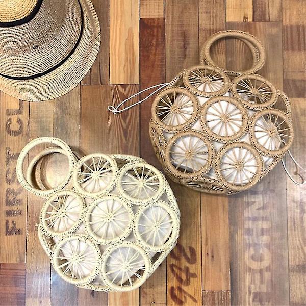 Stråvævet taske Top-håndtag hul håndtaske Retro sommer strandtasker Rattan taske Brown