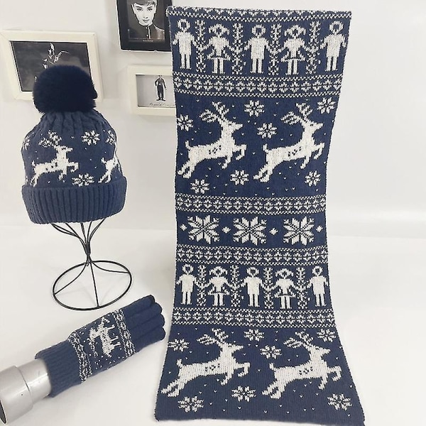 3 Stk Hat Tørklæde Handske Vinter Julevarmere Tørklæder Strikkede Beanies Elk Mønster Tørklæde Kvinder Mænd Tykke Blødt Tørklæde Sæt Unisex