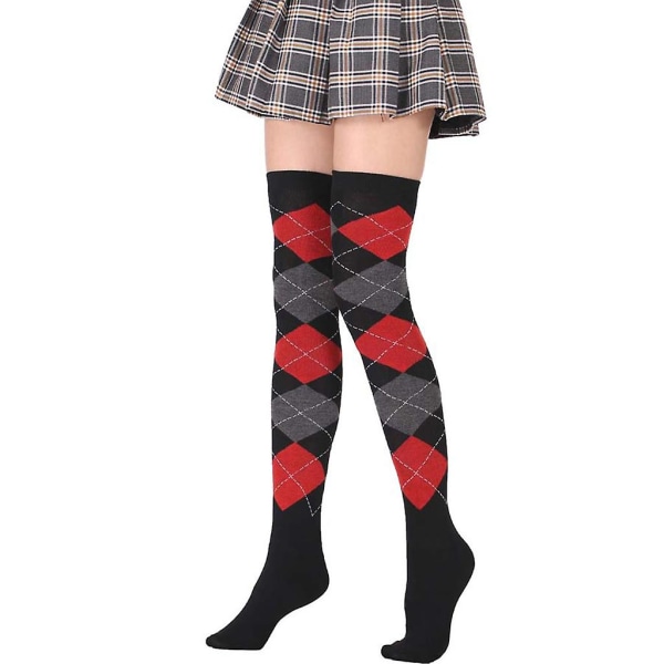 Kvinner Jenter Student Lårhøye sokker Europeisk høyskolestil Vintage Fargerik Argyle rutete mønster Stretchy Over The Knee Strømper Red