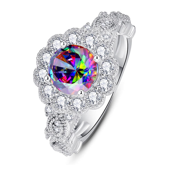 925 Sterling Silver Rainbow Topaz Vita Cubic Zirconia Ringar Bröllopspresent smycken för kvinnor 6