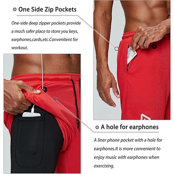 2 i 1 løpeshorts med telefonlomme Gym Workout Hurtigtørkende herreshorts 5 tommer Rød Red Medium