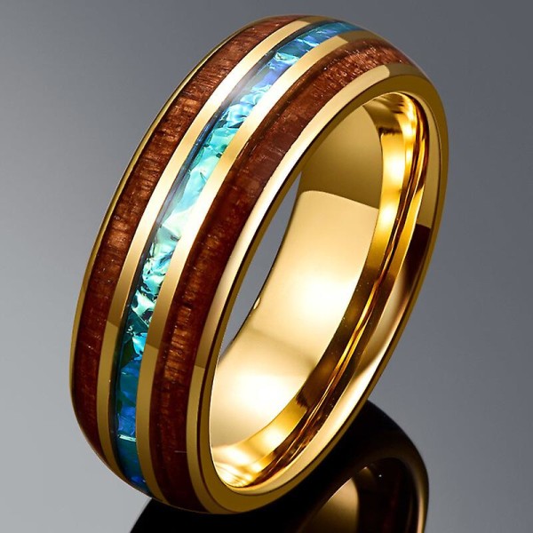 Förlovning för mäns gåva 8 mm bred elektropläterad guld inlagd akacia + imitation Opel Dome Tungsten stålring smycken 9
