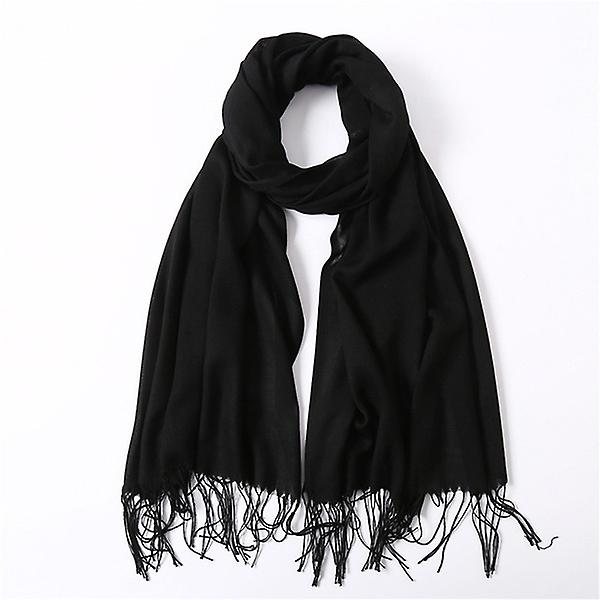 Cashmere Warm Scarf Damer Pure Color Cashmere Scarf med fransar Black