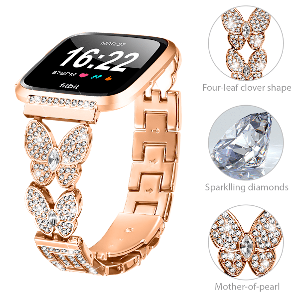 Rosegull Dobbel Sommerfugl-lås Diamant Innlagt Klokkerem for Fitbit Versa