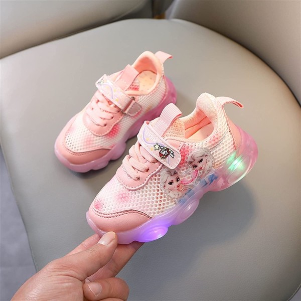 Princess Elsa Girls Glow Skor Barn LED Sneakers Lättviktsnät Pink 25