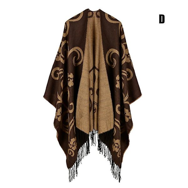 Printed tofs, öppen front Poncho Cape Klassisk elegant omlottsjal Vintage Cardigans filt H