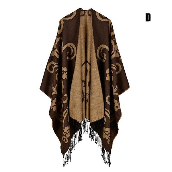 Printed tofs, öppen front Poncho Cape Klassisk elegant omlottsjal Vintage Cardigans filt L